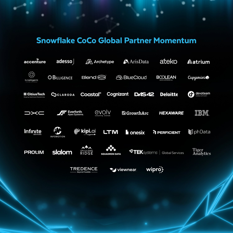 Snowflake Summit 2026 keynote: CoCo Preferred Partner momentum, featuring Viewnear among partners including Accenture, Deloitte, IBM, and Capgemini