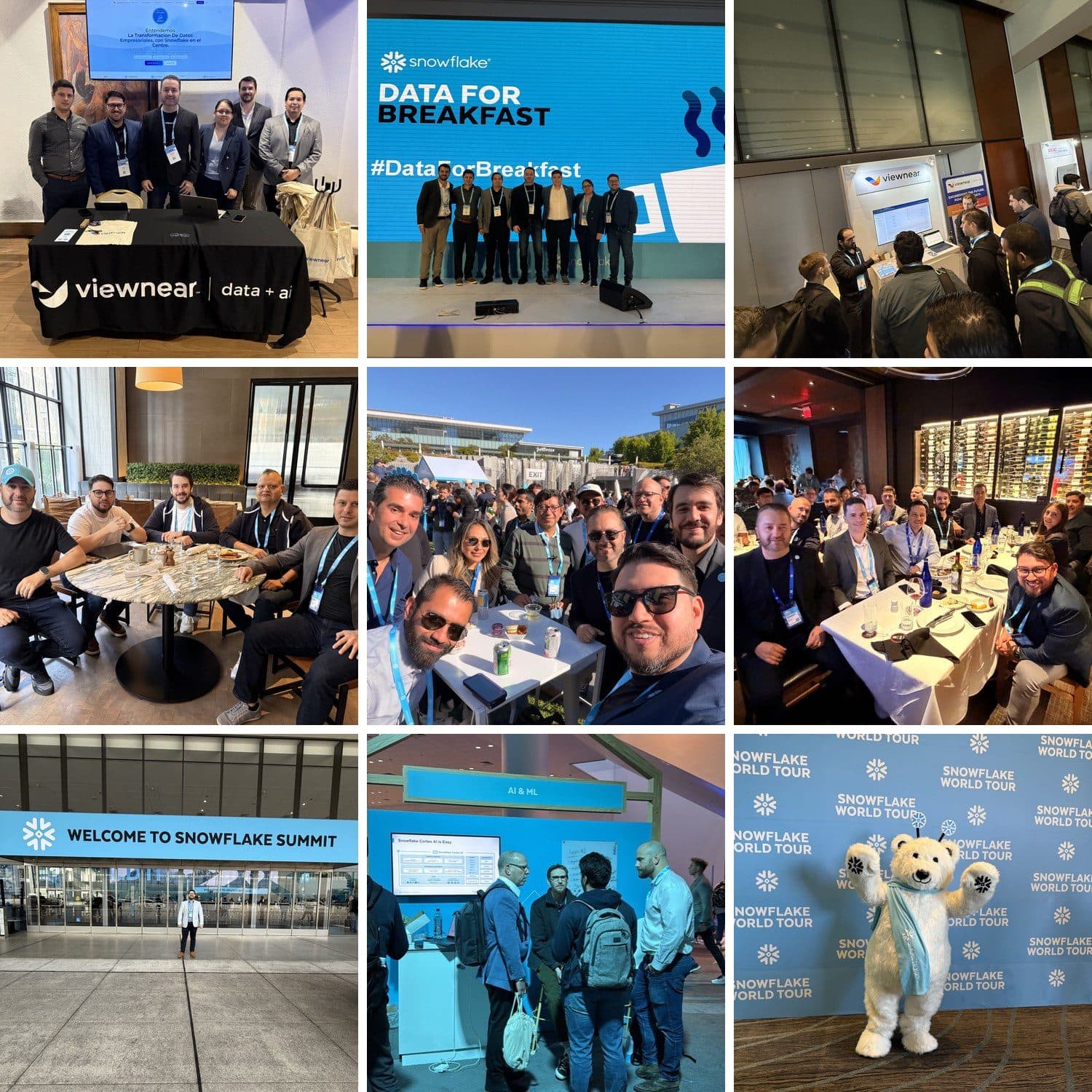 A collage of the Viewnear team across Snowflake events: the data + ai booth, Data for Breakfast, Snowflake Summit, and team meals