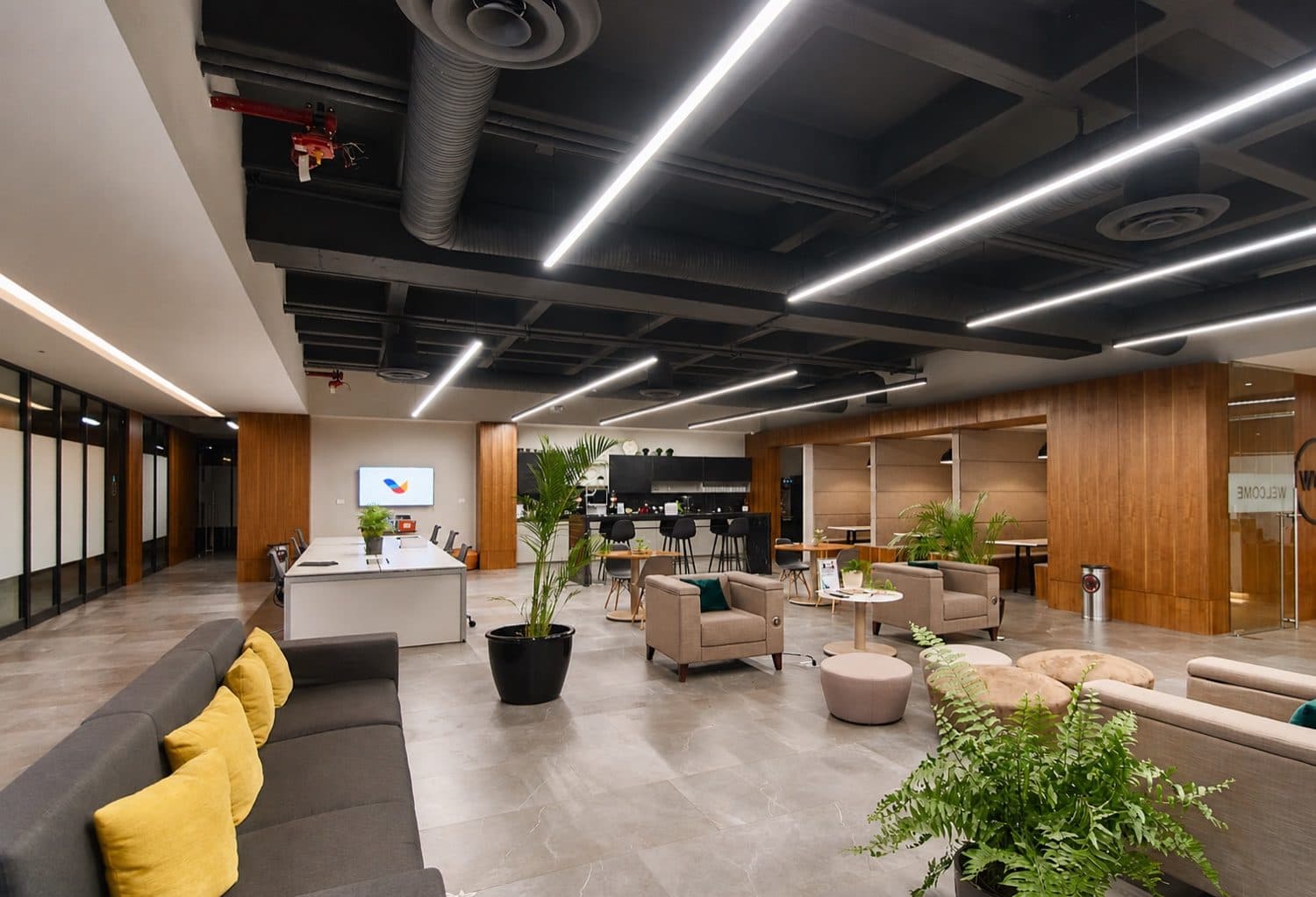 Inside a Viewnear office: an open lounge and work area with sofas, plants, a café bar, and wood-lined meeting rooms