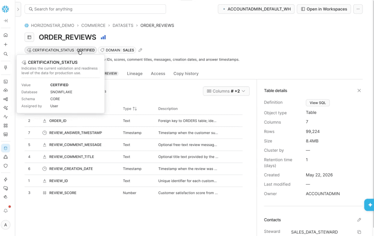 Página de dataset en Horizon Catalog que muestra el estado de certificación, el dominio y el custodio