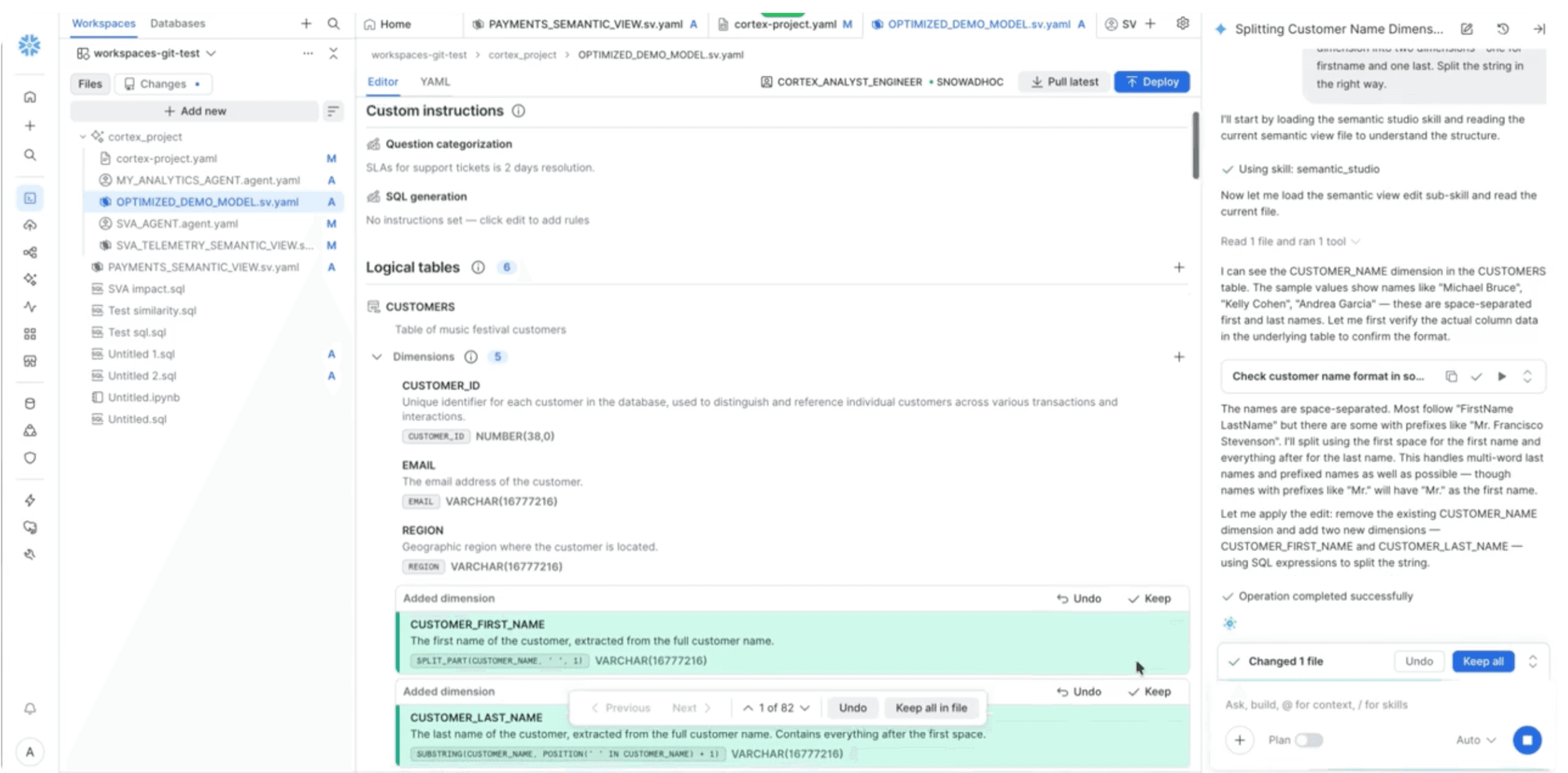 Objetos convertidos que se revisan cambio a cambio en Snowflake Workspaces