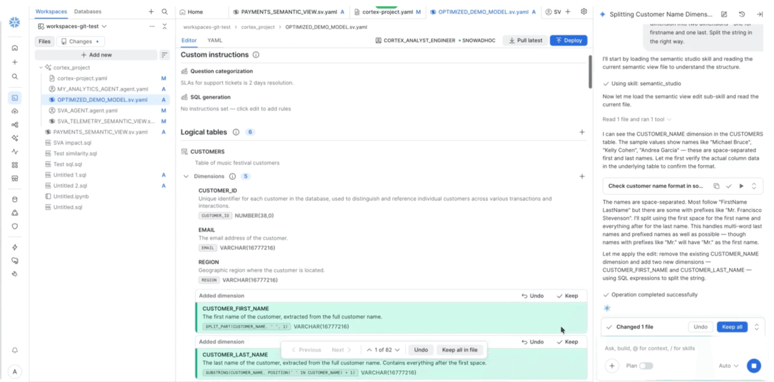 Una vista semántica que se construye y se revisa en Snowflake Workspaces